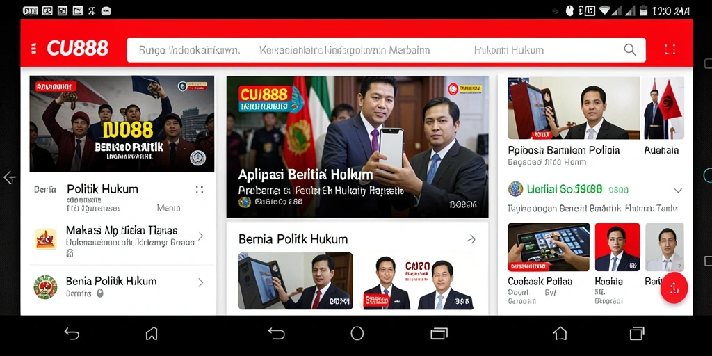 Antarmuka aplikas CU888 yang menampilkan berbagai berita politik hukum.
