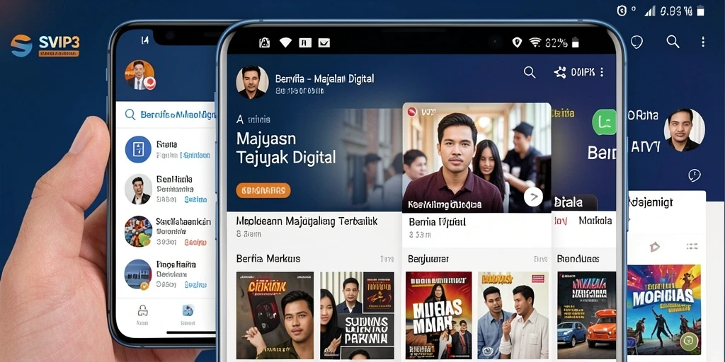 Antarmuka aplikasi SVIP3 yang menampilkan berita terkini dan majalah digital.