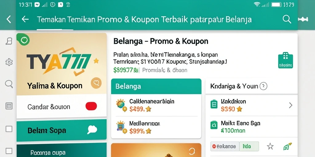 Antarmuka TYA777 menampilkan berbagai pilihan kupon dan promo menarik.
