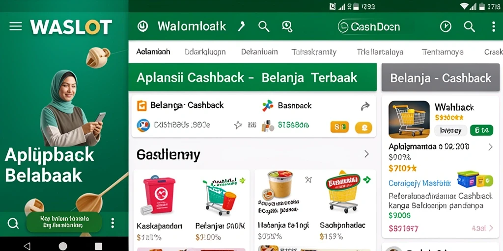 Tampilan antarmuka aplikasi WASLOT dengan berbagai pilihan Cashback.